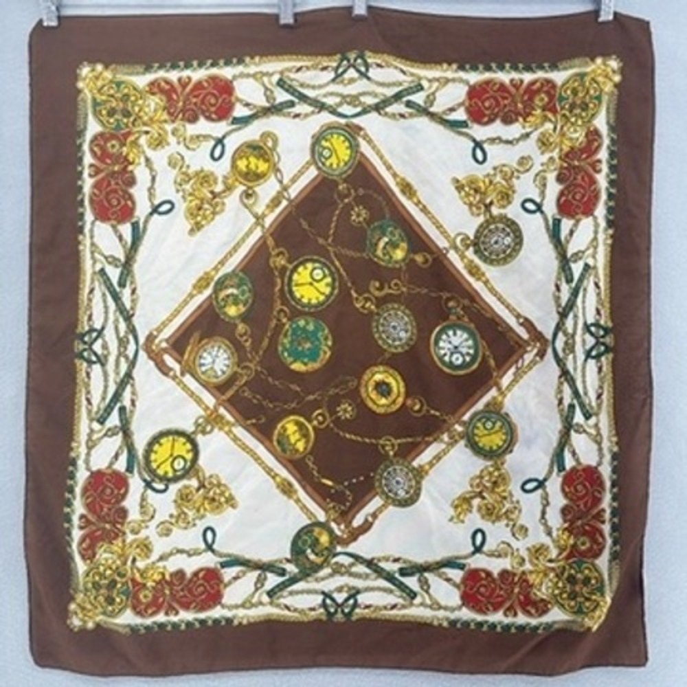 VTG‎ 80s Made in Italy Pocket Watch Chain Print Square Scarf Brown Gold 28x29"